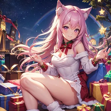 of the highest quality, High resolution, The perfect human structure, Background Focus, Front view, rainbow hair, Shiny hair, Wolf ears, Flower garden in the background, Christmas, santa, Santa Cosplay, picnic, Fun, Heart shaped pupils , Wavy Hair, Shiny h...