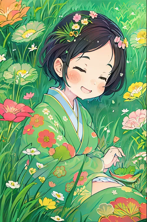 fairytale illustration/Reiko Ikemura, pixabay, simple art, full color illustration, Cute fairy tale illustration, Picture book illustration, Illustration, Hayao Miyazakis style, In the field, Kimono, Kimono、Two girls、lesbian、Sleep with a happy face