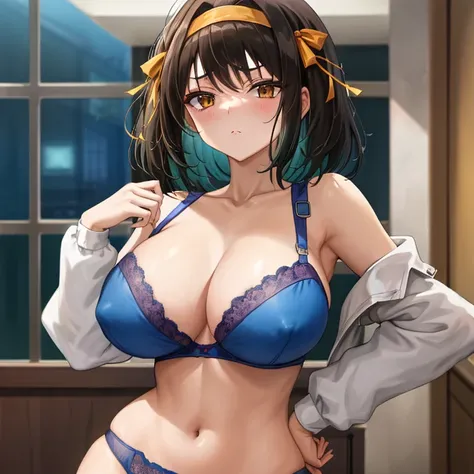 (masutepiece、Best Quality)、Suzumiya Haruhi、short-hair、Hair Ribbon、Hair Band、1girl in、Open bra、Beautiful eyes、Well-formed face、very large udder、Too big、Lace bra with blue ruffles、Blue bra shoulder straps、Blue lace panties、Big and beautiful nipples、Beautiful...