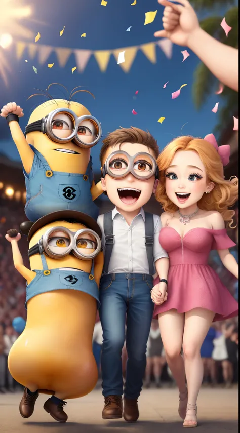 Five Disney style minions. Three boys, two girls. Make two minions holding hands and the other three minions throwing confetti and celebrating a special event.