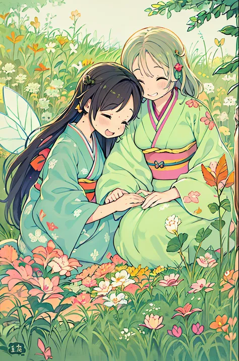 fairytale illustration/Reiko Ikemura, pixabay, simple art, full color illustration, Cute fairy tale illustration, Picture book illustration, Illustration, Hayao Miyazakis style, In the field, Kimono, Kimono、Two girls、lesbian、Sleep with a happy face