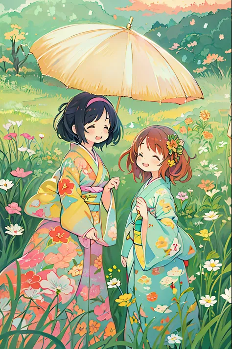 fairytale illustration/Reiko Ikemura, pixabay, simple art, full color illustration, Cute fairy tale illustration, Picture book illustration, Illustration, Hayao Miyazakis style, In the field, Kimono, Kimono、Two girls、lesbian、Sleep with a happy face