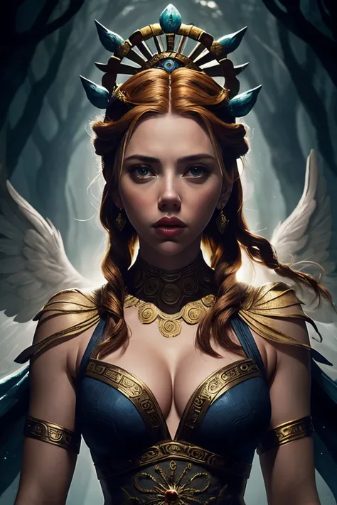 "Imagine an AI-generated artwork that envisions Scarlett Johansson as a mythical figure from ancient mythology. Picture her embodying the essence of a powerful and captivating mythological character, such as a goddess, sorceress, or legendary heroine. Inco...