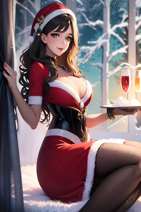 lipstick, a red and green sexy mini dress. She is surrounded by a winter forest with tall evergreen trees covered in snow. The sunlight filters through the branches, creating a magical, ethereal atmosphere. The woman is holding a small gift box in her hand...