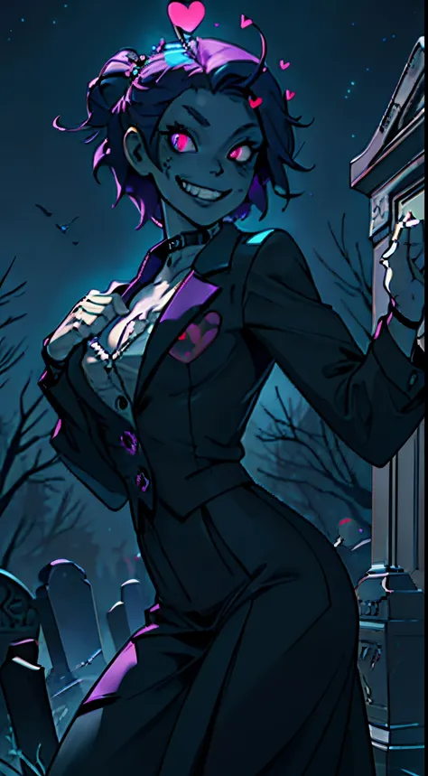 Fantastic grave, tombstone, fisheye lens, night sky, suspicious atmosphere , cute zombie girl, bright colors, dancing, fine pupil, glowing eyes, grin, heart eyes