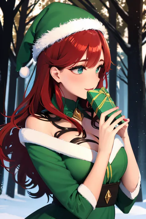 lipstick and a green velvet dress. She is surrounded by a winter forest with tall evergreen trees covered in snow. The sunlight filters through the branches, creating a magical, ethereal atmosphere. The woman is holding a small gift box in her hands and he...