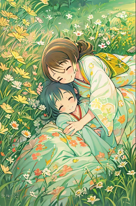 fairytale illustration/Reiko Ikemura, pixabay, simple art, full color illustration, Cute fairy tale illustration, Picture book illustration, Illustration, Hayao Miyazakis style, In the field, Kimono, Kimono、Two girls、lesbian、Sleep with a happy face、lie dow...