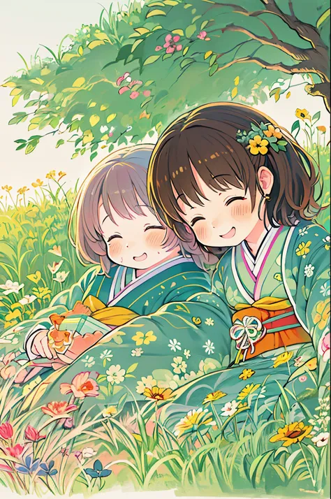 fairytale illustration/Reiko Ikemura, pixabay, simple art, full color illustration, Cute fairy tale illustration, Picture book illustration, Illustration, Hayao Miyazakis style, In the field, Kimono, Kimono、Two girls、lesbian、Sleep with a happy face、lie dow...