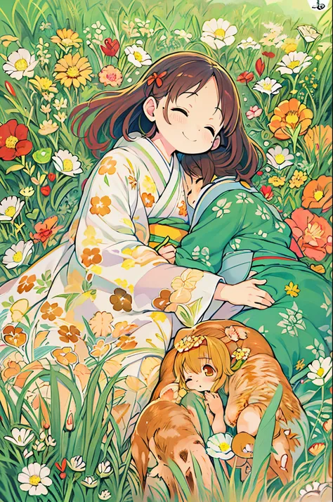 fairytale illustration/Reiko Ikemura, pixabay, simple art, full color illustration, Cute fairy tale illustration, Picture book illustration, Illustration, Hayao Miyazakis style, In the field, Kimono, Kimono、Two girls、lesbian、Sleep with a happy face、lie dow...