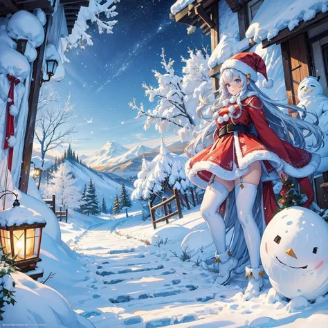 A charming village surrounded by colorful lights々Spread、Paints breathtaking views of snowy plateaus。. draw in the center, Two young men and women. draw a giant snowman, Wearing a Santa Claus hat.