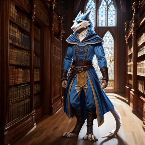 A male sergal character with white and sky blue long fur, fullbody image, wearing medieval aristocrat attire, standing in medieval library