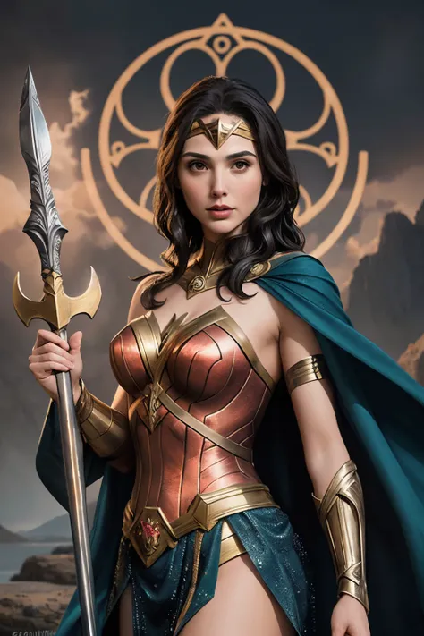 "Generate an AI-powered artwork envisioning Gal Gadot as a mythical figure, seamlessly blending elements of classical mythology with her iconic presence. Picture her draped in ethereal robes adorned with motifs inspired by ancient Greek, Roman, or Amazonia...