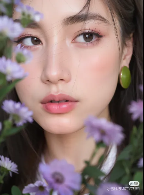 a woman with long hair and green earrings standing in front of purple flowers, maquillaje popular de Corea del Sur, maquillaje coreano popular, Beautiful aesthetic face, Su cara es una flor malva, Flores en las mejillas del heredero, maquillaje suave, maqu...