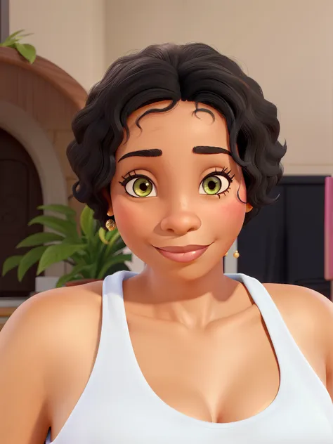 Create the image of a black woman, 55 years old, black hair, with slightly greenish brown eyes, a calm look, a slightly hidden smile, just like Monalizas filmes Disney Pixar