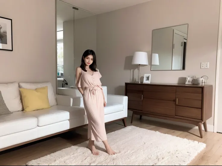 A beautiful, cute woman standing in a house 1 A person, with modern furniture, stands with her feet visible, the womans face is sharp, the facial details are emphasized,cute beautiful girl,Smooth face.