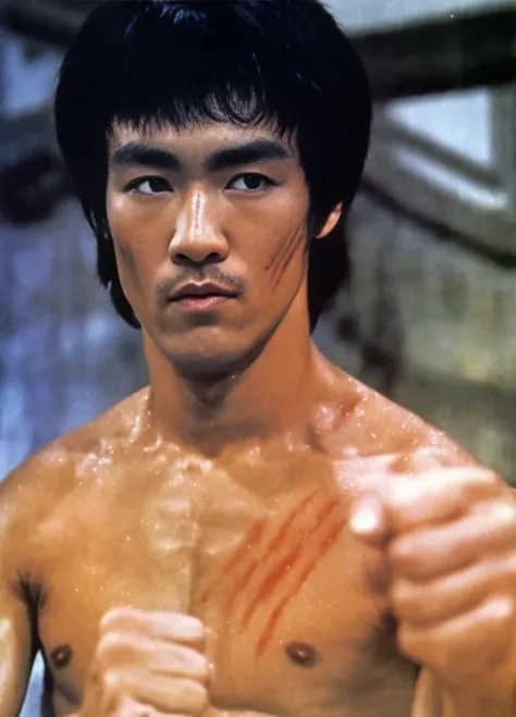 a close up of a man with a fist in a boxing stance, bruce lee, portrait of bruce lee, enter the dragon 1973, in a fighting stance, in a fighting pose, with bruce lee, 60s kung fu film, jackie chan, drunken master, daigo ikeno, kung-fu, striking a pose, fig...