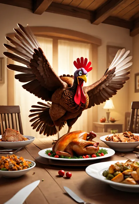 Thanksgiving dinner，a turkey fighting，angry turkey，Cartoon turkey, Strong dynamic posture，Fighting posture，broken dining table，flying chicken feathers