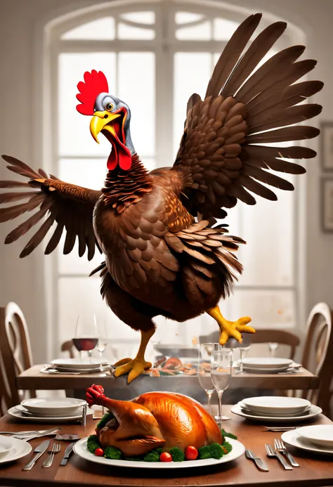 Thanksgiving dinner，a turkey fighting，angry turkey，Cartoon turkey, Strong dynamic posture，Fighting posture，broken dining table，flying chicken feathers