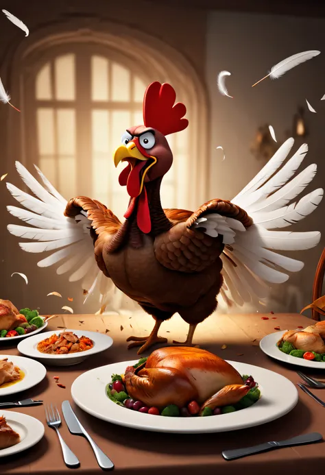 Thanksgiving dinner，a turkey fighting，angry turkey，Cartoon turkey, Strong dynamic posture，Fighting posture，broken dining table，flying chicken feathers