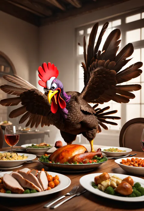 Thanksgiving dinner，a turkey fighting，angry turkey，Cartoon turkey, Strong dynamic posture，Fighting posture，broken dining table，flying chicken feathers