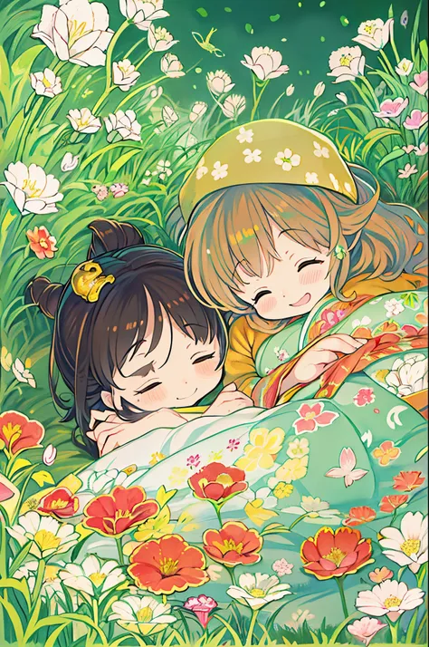 fairytale illustration/Reiko Ikemura, pixabay, simple art, full color illustration, Cute fairy tale illustration, Picture book illustration, Illustration, Hayao Miyazakis style, In the field, Kimono, Kimono、Two girls、lesbian、Sleep with a happy face、lie dow...