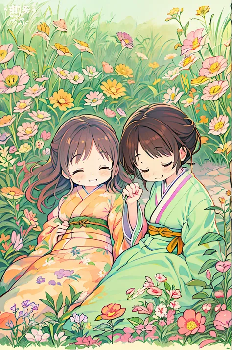 fairytale illustration/Reiko Ikemura, pixabay, simple art, full color illustration, Cute fairy tale illustration, Picture book illustration, Illustration, Hayao Miyazakis style, In the field, Kimono, Kimono、Two girls、lesbian、Sleep with a happy face、lie dow...