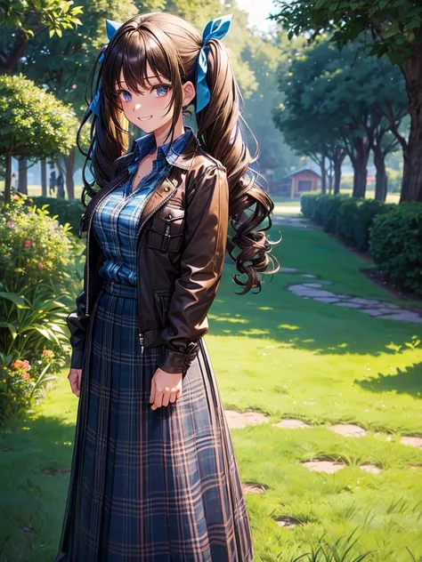 1girl, solo, full body, summer, village, trees, long hair, dark green hair, curly hair, twintail, large breasts, button down, dark blue eyes, ((blue shirt)), ((checked shirt)), ((unbuttoned shirt)), ((opened brown zipper jacket)), ((long skirt)), grin, loo...