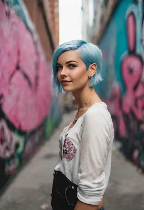 Chloe posing in front of a giant graffiti mural, throwing up peace signs and sticking out her tongue,Life is Strange video game series,Chloe is a tall white teenage girl, with very short blue hair with pink roots, green eyes, punk aesthetic