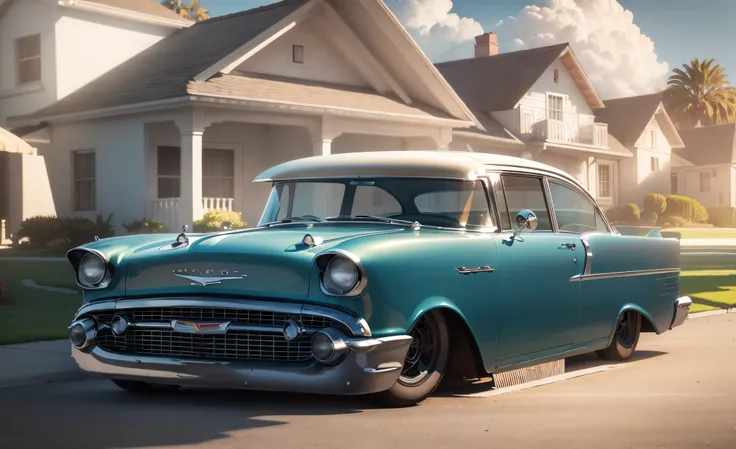 Um imponente e poderoso Chevy 1957 com rodas estilizadas e alongadas, Lighthouses illuminated against the background of beautiful mansions in sunny California, no tempo chuvoso, rua reflexiva