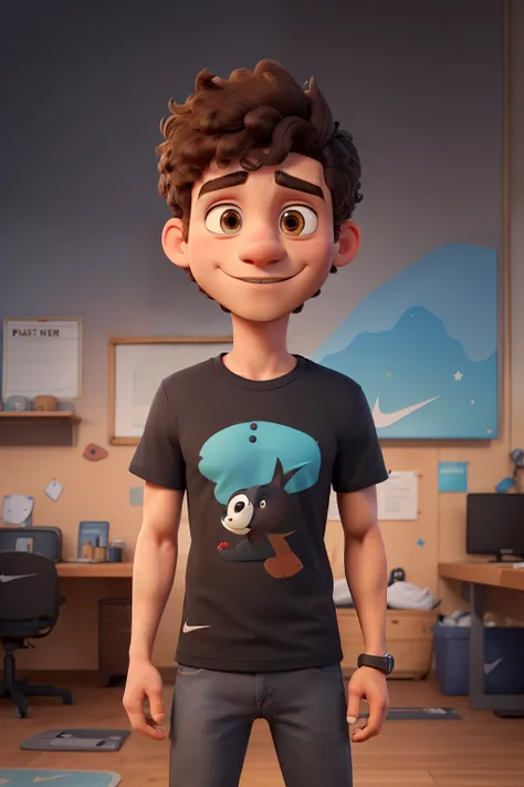 ((best quality)), ((masterpiece)), (detailed), A handsome man wearing a black t-shirt, jeans, and grey/teal Nike sneakers, who has curly gray, brown hair, brown eyes, with stubble on his face, wearing a maroon and black fox racing baseball cap.