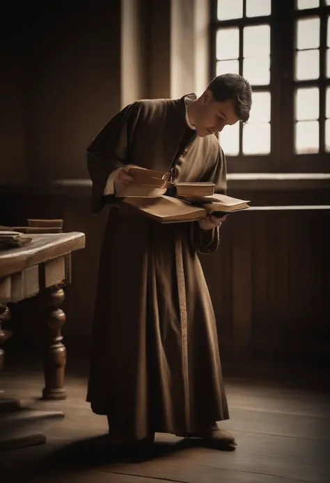 Man in priest&#39;s robe holding a book, joven seminarista en 1905, old color photography, hand dyeing, dressed like a cleric, 13歳, An evil Catholic priest, color photograph, colorido, Dirigido por: Kurt Roesch, Vestido, una foto en color, historical image...