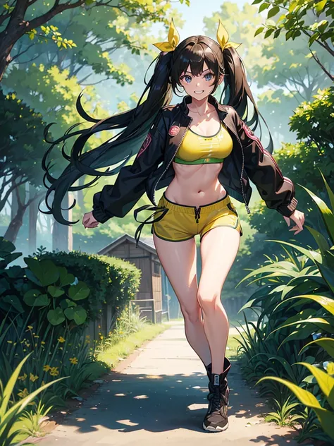 1girl, solo, full body, summer, village, trees, long hair, dark green hair, curly hair, twintail, large breasts, sport bra, belly, dark blue eyes, ((opened brown zipper jacket)), yellow pants, grin, looking at the viewer, running, hair ribbon