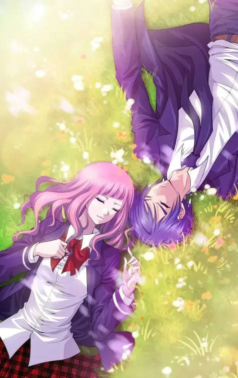 Anime couple lying on the grass，Flowers in the background, Future Diary, shoujo romance, anime lush john 8k forest, Anime beautiful peaceful scene, Heartbeat Literature Club, visual novels CG, Misato Katsuragi, dreamy psychedelic anime, anime wallpaper, ( ...