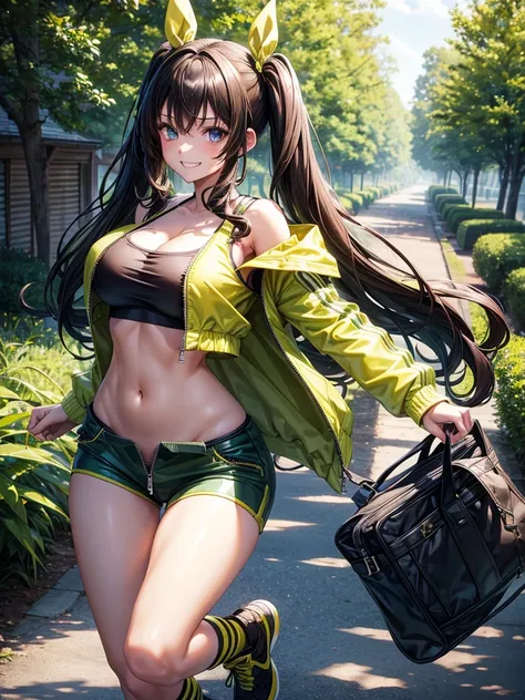 1girl, solo, full body, summer, village, trees, long hair, dark green hair, curly hair, twintail, large breasts, sport bra, belly, dark blue eyes, ((opened brown zipper jacket)), yellow pants, grin, looking at the viewer, running, hair ribbon