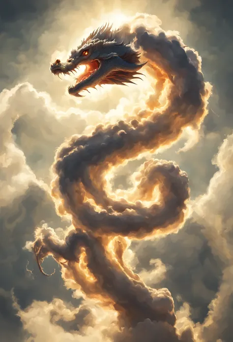 clouds look like russian dragon snake-gorynych, dragon with three heads, dragon flying, illuminated by the sun