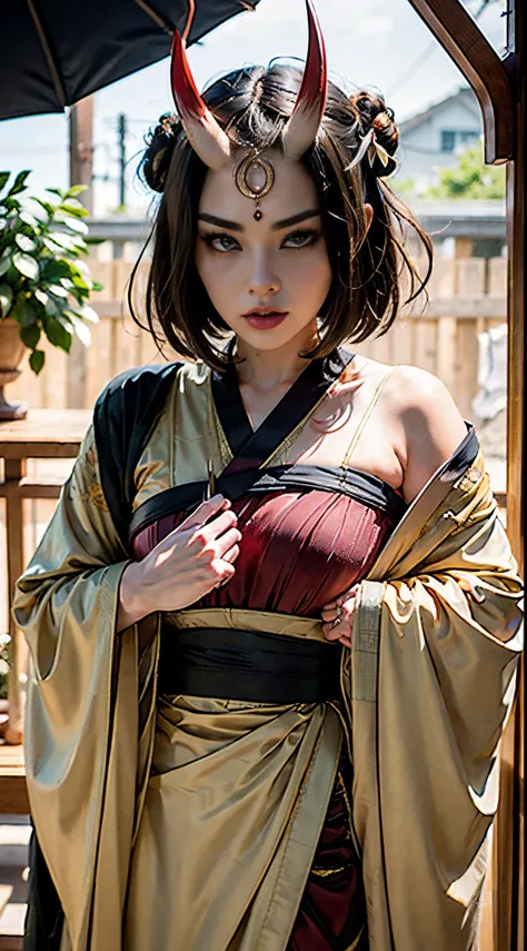 masterpiece, highlydetailed, hyperrealistic, hd fullbodyshot of beautiful geisha female with blond bob-cut, hair-bun, hairpins, ...