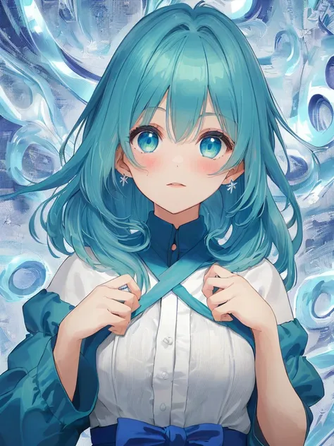 1 girl, cabelo azul, olhos grandes azuis detalhados, olhar curioso, Poderes roxos e verde brilhantes e desfocados, fundo verde, folhas voando desfocado, (Papel de parede extremamente detalhado da unidade CG 16k:1.1), (Strength that eliminates noise: 1.45),...