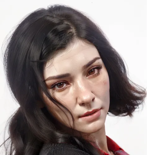 arafed woman with long black hair and a red shirt, subsurface scattering skin, realistic maya, 3 d demo reel avatar, realistic restored face, with very highly detailed face, render of mirabel madrigal, highly detailed realistic face, realistically rendered...