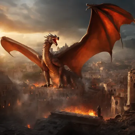 Dragon crashes into a city destroyed by war