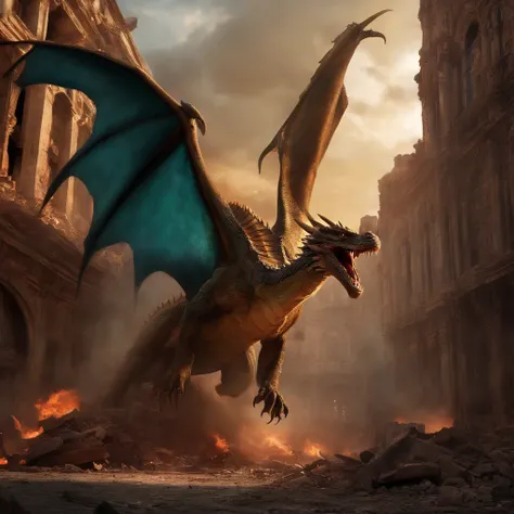 Dragon crashes into a city destroyed by war