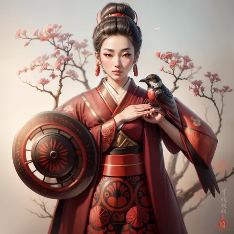 a beautiful geisha, with black hair, wearing a bun on her head, wearing a red kimono full of details, holding a shield in one hand, and a bird in the other hand, ralistic digital art, an exquisite ultra-realistic digital art, 8k , a beautiful digital engra...