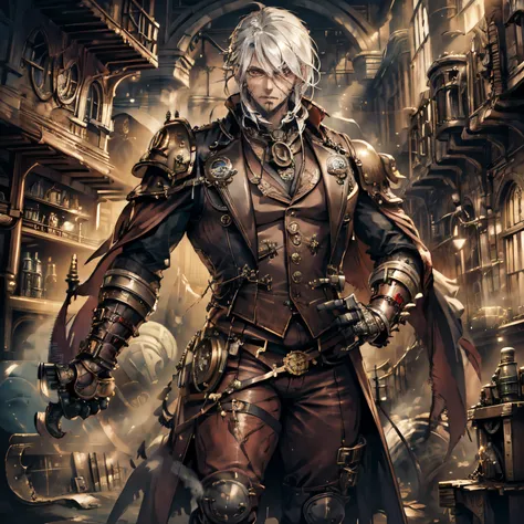 large strong man, powerful, vampire, glowing red eyes, long flowing white hair, covered in scars, steampunk gear, steampunk scie...