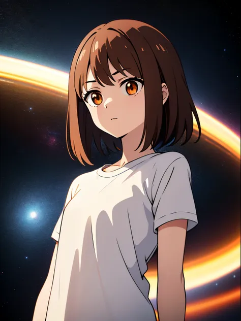 girl, brown hair, orange eyes, arms crossed, in the middle of space, ((anime style)), white  shirt, soft colors, colorfully back...