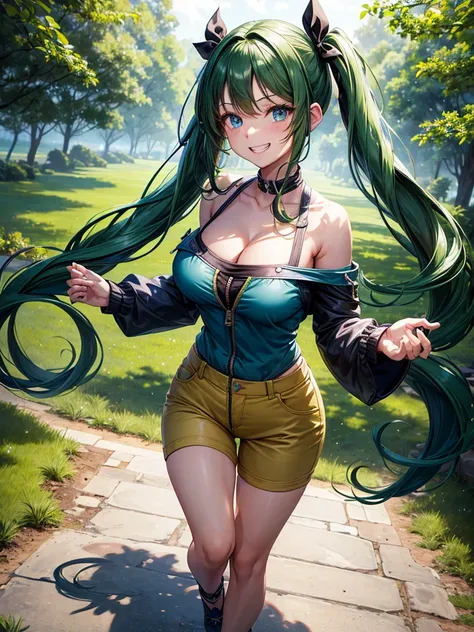 1girl, solo, full body, summer, village, trees, long hair, ((dark green hair)), curly hair, twintail, large breasts, blue top, zipper, cleavage, dark blue eyes, yellow pants, grin, looking at the viewer, running, hair ribbon