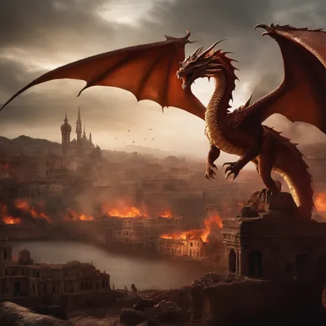 Dragon crashes into a city destroyed by war