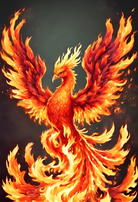 ((Fire phoenix)), fire that looks like a big phoenix with spread wings, flaming feathers, high quality illustration, phoenix among magical trees