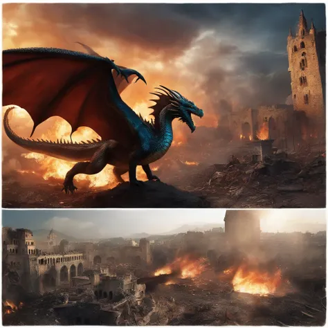 Dragon crashes into a city destroyed by war