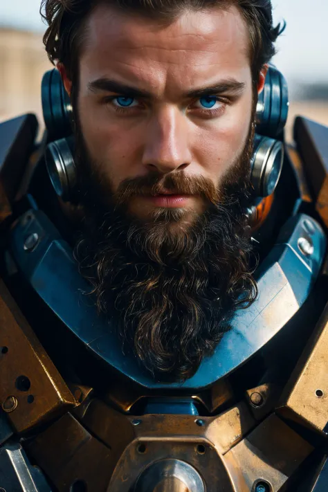 Portrait photo of muscular bearded guy in a worn mech suit, ((light bokeh)), intricate, (steel metal [rust]), elegant, sharp focus, photo by greg rutkowski, soft lighting, vibrant colors, (masterpiece), ((streets)), (detailed face:1.2), (glowing blue eyes:...