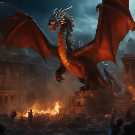 Dragon crashes into a city destroyed by war