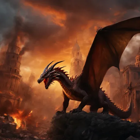 Dragon crashes into a city destroyed by war